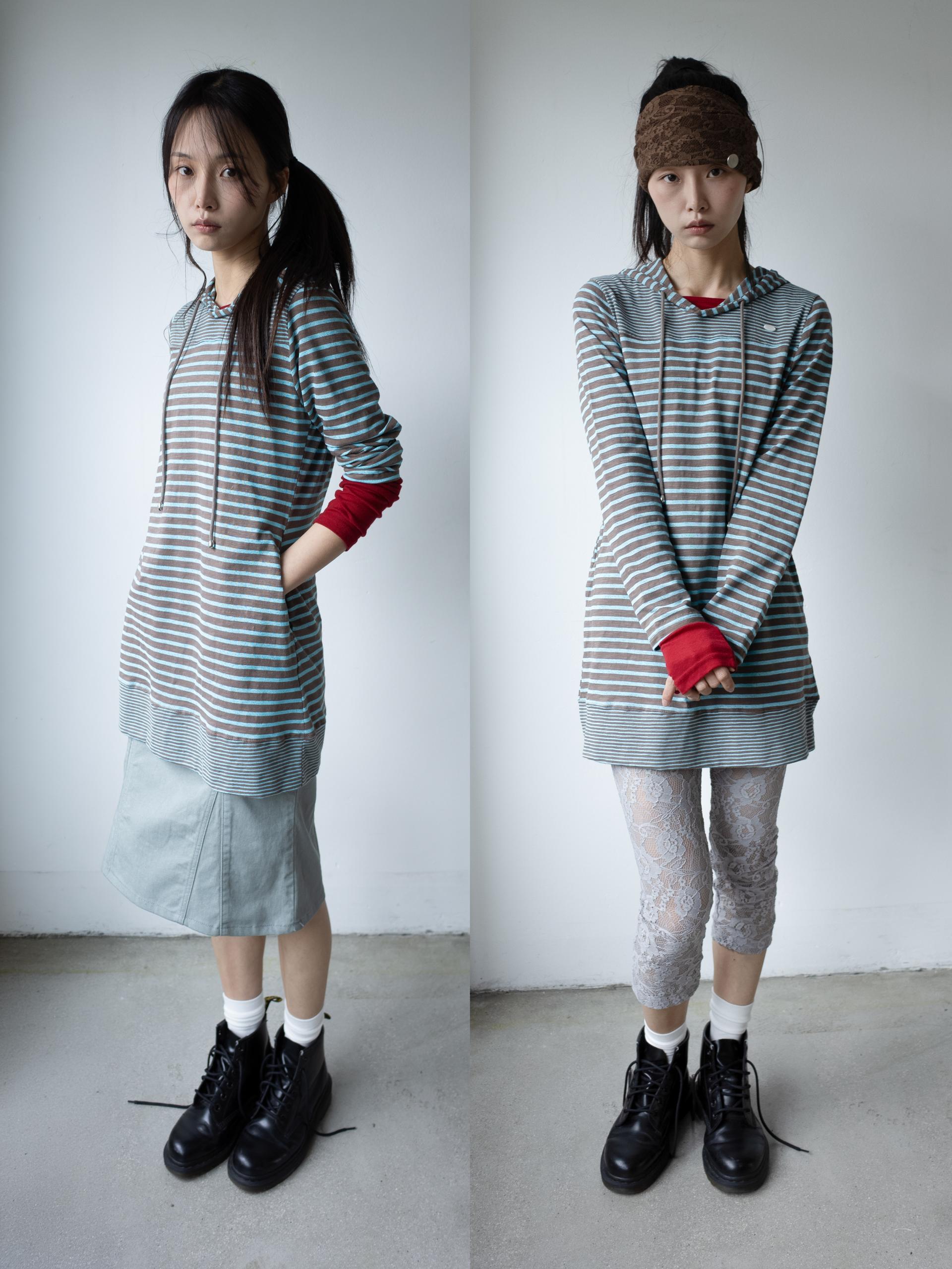 STRIPE HOODIE DRESS (BLUE MUD)