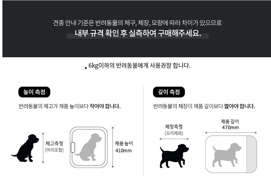 견종 안내 기준은 반려동물의 체구, 체장, 모량에 따라 차이가 있으므로 내부 규격 확인 후 실측하여 구매해주세요. 6kg이하의 반려동물에게 사용권장 합니다. 높이 측정 반려동물의 체고가 제품 높이보다 작아야 합니다. 깊이 측정 반려동물의 체장이 제품 깊이보다 짧아야 합니다. 체고측정 (머리포함) 0 제품 높이 410mm 체장측정 (꼬리제외) 제품 깊이 470mm