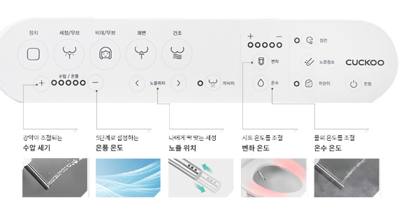강약이 조절되는 수압세기 5단계로 설정하는 온풍 온도 나에게 딱 맞는 세정 노즐 위치 시트 온도를 조절 변좌온도 물의 온도를 조절 온수 온도