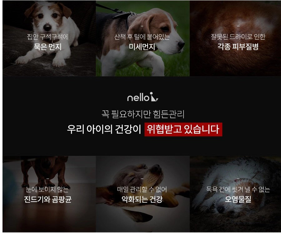 집안 구석구석에 묵은 먼지 산책 후 털에 붙어있는 미세먼지 잘못된 드라이로 인한 각종 피부질병 nelloi 꼭 필요하지만 힘든관리 우리 아이의 건강이 위협받고 있습니다 눈에 보이지 않는 진드기와 곰팡균 매일 관리할 수 없어 악화되는 건강 목욕 전에 씻겨 낼 수 없는 오염물질