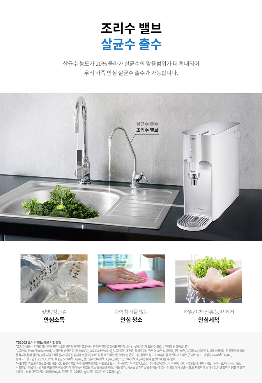 조리수 밸브 살균수 출수 살균수 농도가 20% 올라가 살균수의 활용범위가 더 확대되어 우리 가족 안심 살균수 출수가 가능합니다. 살균수 출수 조리수밸브 젖병/장난감 안심소독 화학첨가물 없는 안심 청소 과일/야채 잔류 농약 제거 안심세척 TS100S 조리수밸브 살균시험방법 "조리수 살균수 시험결과는 한국환경수도연구원의 제한된 조건에서 측정한 결과로 실생활환경에서는 성남에 차이가 있을 수 있으니 구매에 참고바랍니다. *시험방법 Pour Plate Method/시험판 배양도 (35±0.5℃),습도 (30±5%RH)/시험항목: 대장균, 황색포도상구균, 녹농균과, 무탄스균/시험방법: 제공된 증체를 이용하여 작동치에 따라 동작시켰을 때 향균성능을 시험/직동질자 제공된 경제의 불군수(OW) 직동 후 조리수밸브에서 삼수잔류염소농도 15mg/L)를 재취하고 조재수(조제수 농도 대장군 44x10CFU/mL, 황색포도상구균 1.5x10CFU/mL, 녹농균 57x10CFU/ml, 살모넬라 2.0x10CFU/ml, 무탄스균 7.8x10 CFU/ml) 1차 합하여 1분 후 분석 *시험방법 먹는물 수질공정시험기준(국립환경과학원고시 제2018-66호)/시험환경 온도: 최저23℃, 최고 25°C), 습도: (최저 60%RH, 최고 70%RH)/시험항목 다이아지는, 파라티몬, 페니트로티몬/시험방법: 제공되니 검체를 이용하여 작동절차에 따라 동작시켰을 때 살균성능을 시험/자동 제공된 김근수지동후조리수밸브에서 유출하고 조재수 1와 혼합하여 30분 후분석 /조제수 농도 다이아지는 : 00604mg), 파라티온: 01652mg/L, 제니트로티온: 0.1226mg/