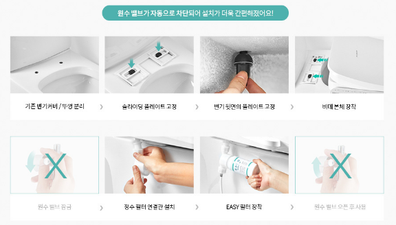 기존 변기커버/뚜껑분리 슬라이딩 플레이트 고정 변기 뒷면의 플레이트 고정 비데 본체 장착 정수 필터 연결관 설치 EASY필터 장착