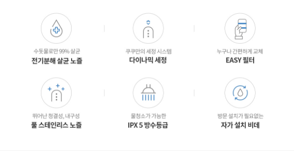 수돗물로만 99% 살균 전기분해 살균 노즐 쿠쿠만의 세정 시스템 다이나믹 세정 누구나 간편하게 교체 EASY 필터 뛰어난 청결성, 내구성 풀 스테인리스 노즐 물청소가 가능한 IPX5 방수등급 방문 설치가 필요없는 자가 설치 비데