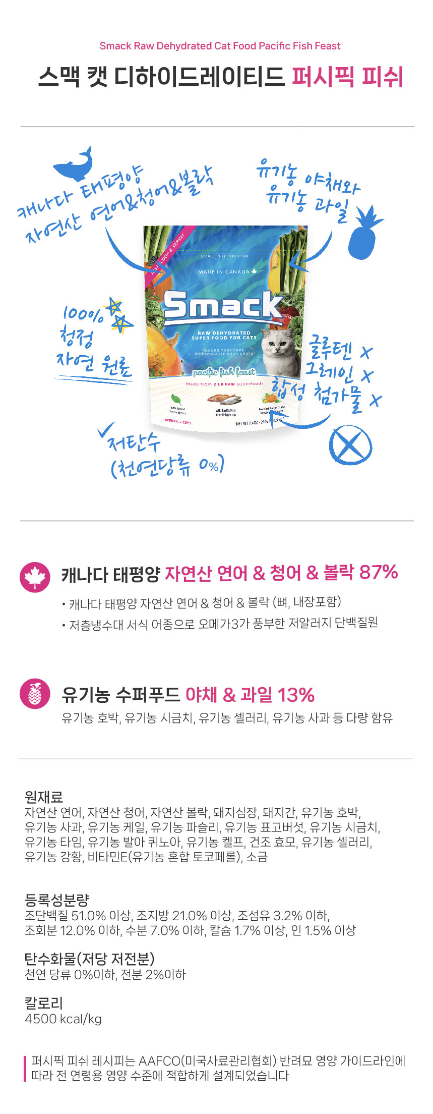 스맥 캣 퍼시픽 피쉬 디하이드레이티드 고양이사료 스맥사료 210g