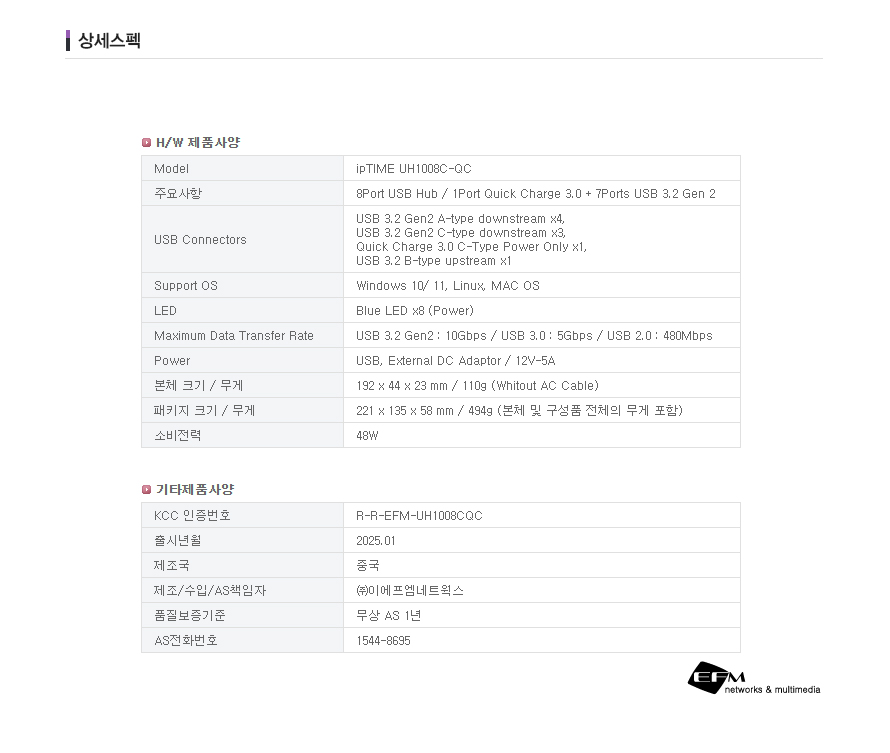 ipTIME USB 허브 구성품 및 크기 정보 이미지
