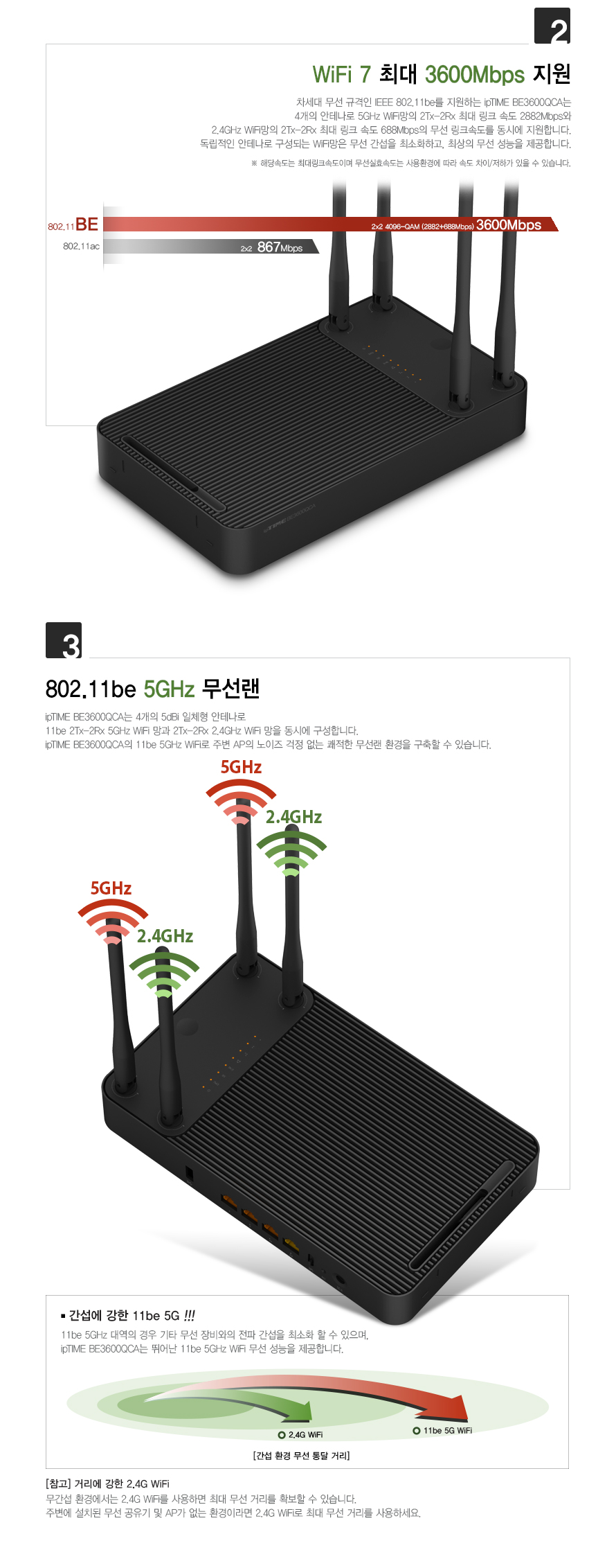 아이피타임 BE3600 WiFi7 유무선 공유기 후면 포트 이미지