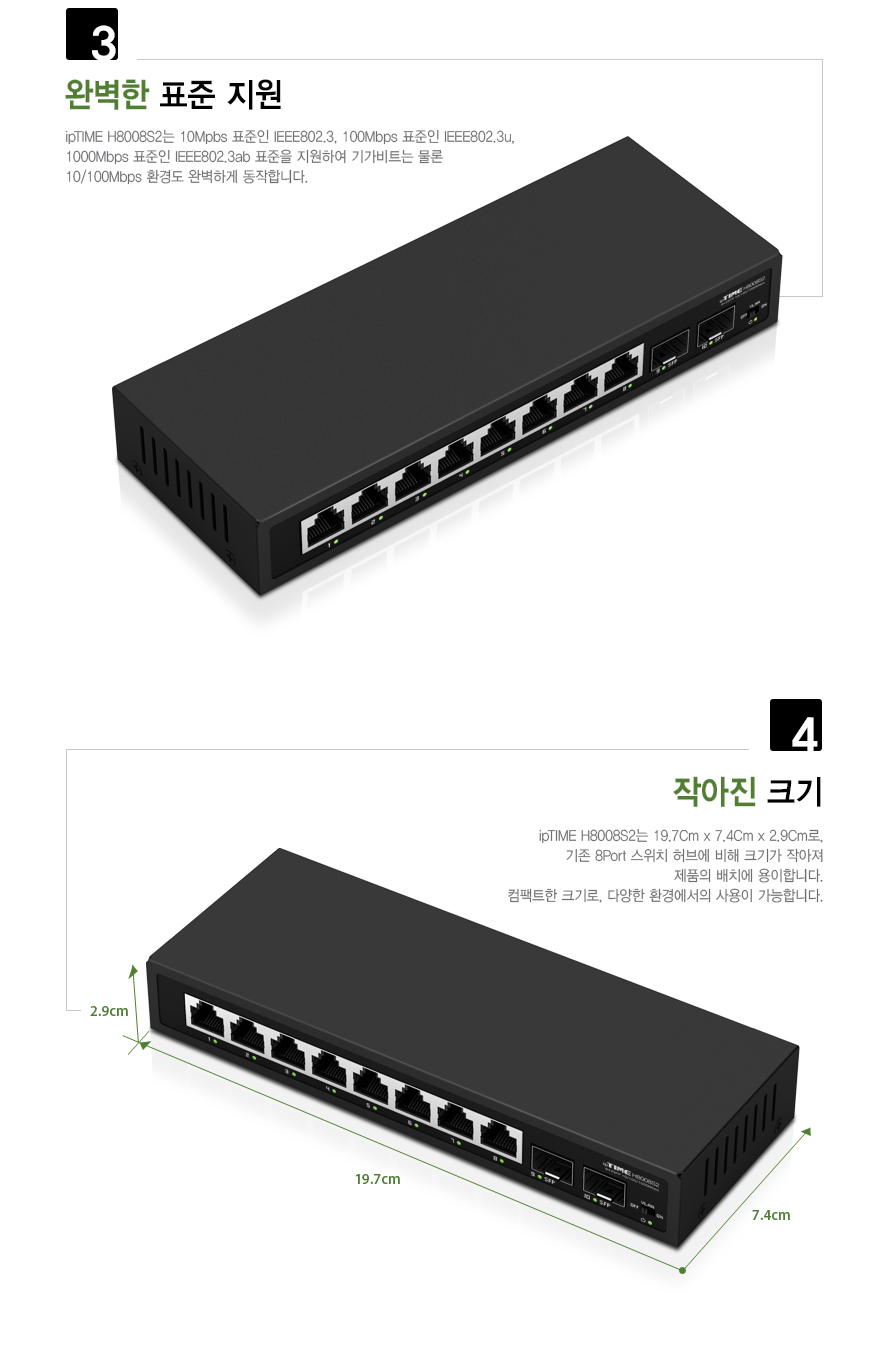 ipTIME H8008S2 8개의 기가비트 RJ45 포트 및 2개의 SFP 콤보 포트 구성 설명