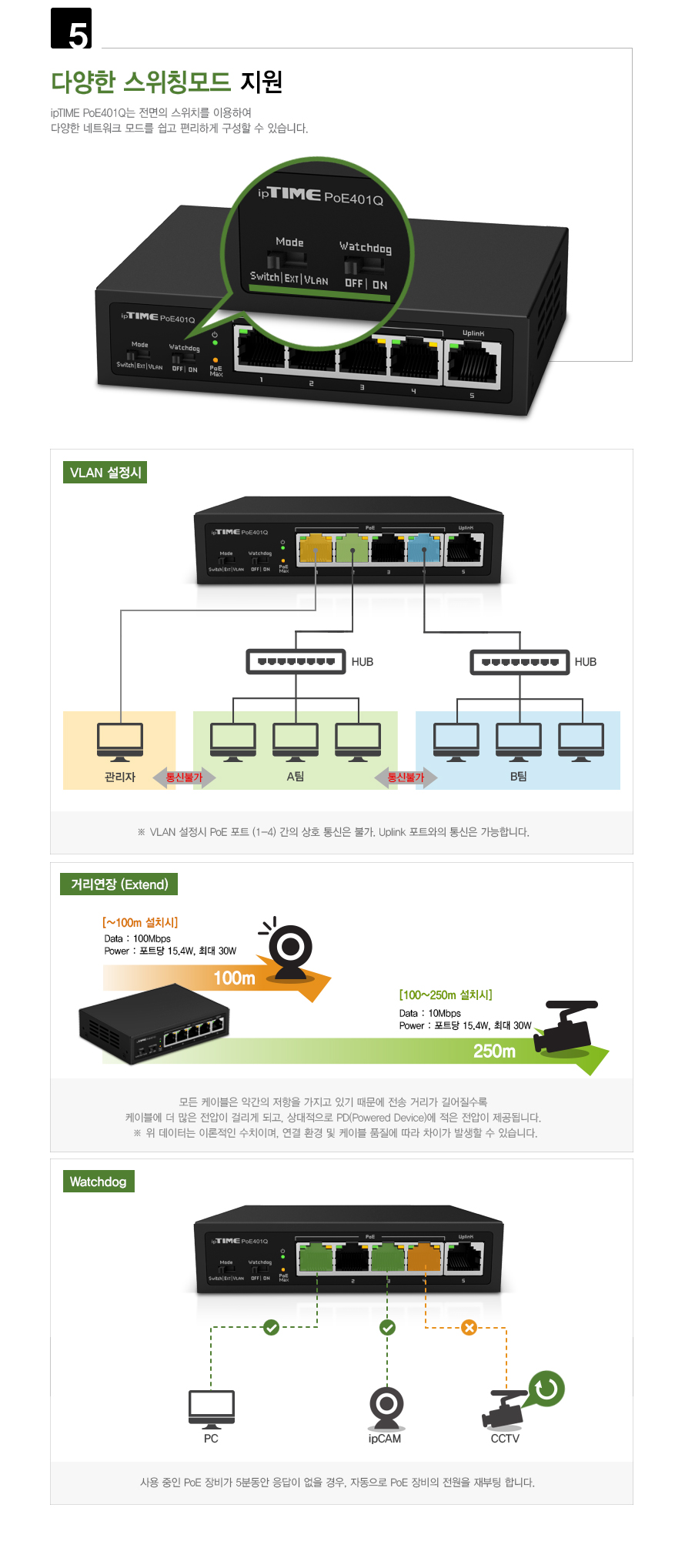 PoE 지원을 통한 IP카메라 및 무선 AP 연결 예시 이미지