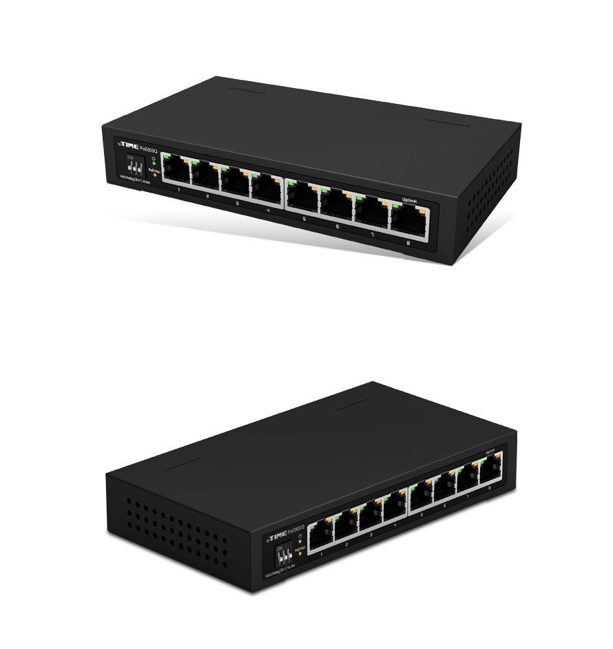 8포트 스위칭 허브 제품 설치 예시 및 책상 위 배치 이미지