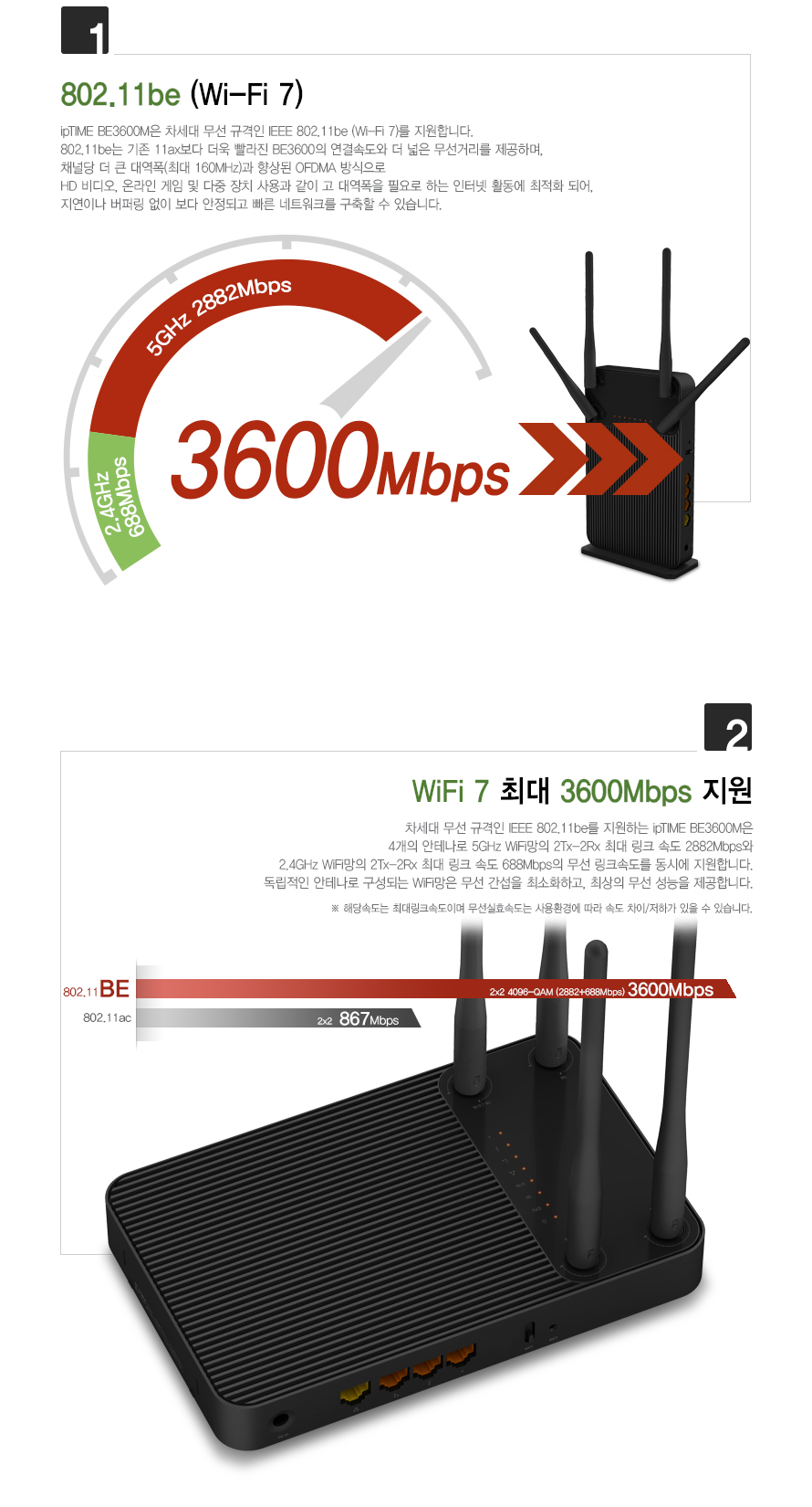 BE3600M 제품 주요 특징 요약: WiFi 7, BE3600 지원, 3포트 구성 설명 이미지