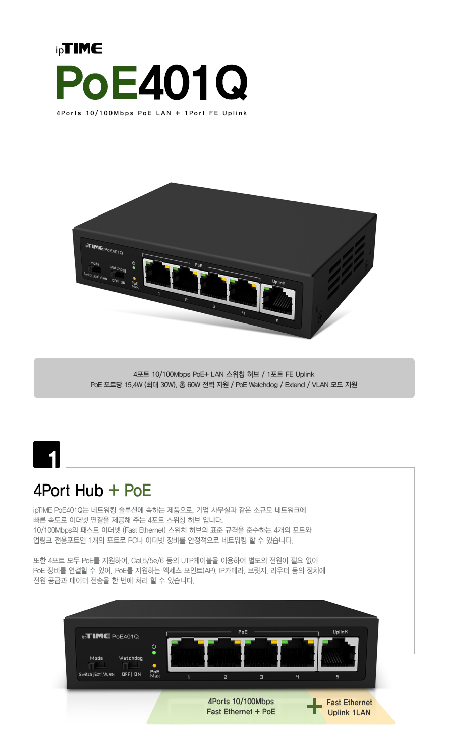 ipTIME POE401Q 4포트 100Mbps PoE+ 스위칭 허브 제품 전체 이미지