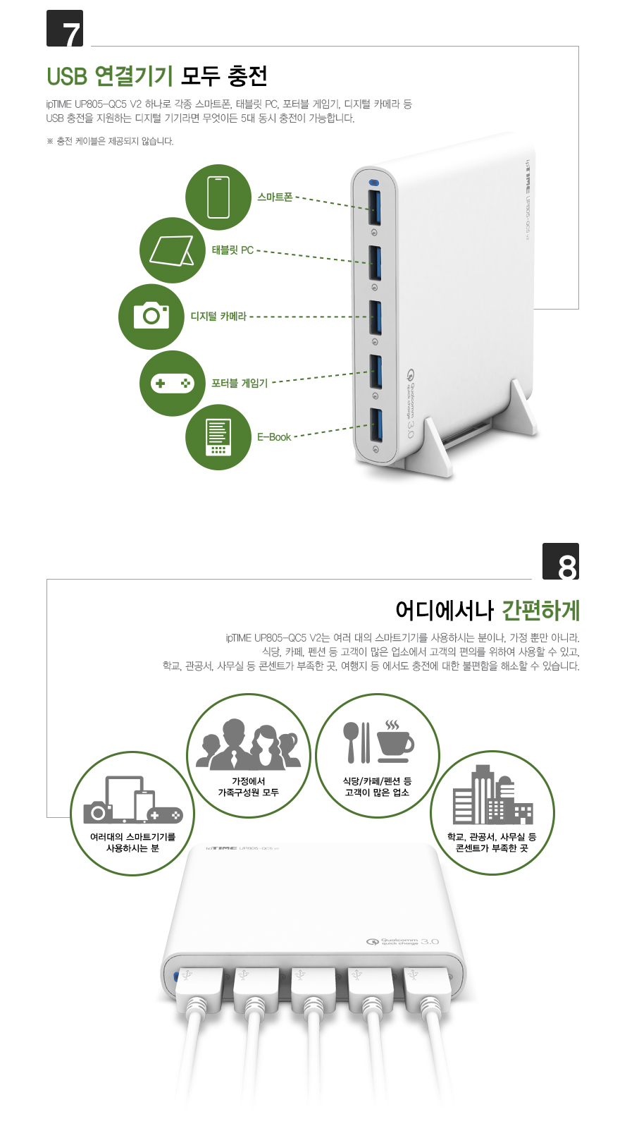 아이피타임 QC 3.0 5포트 USB 충전기 UP805-QC5 V2 퀵차지 3.0 기술 설명