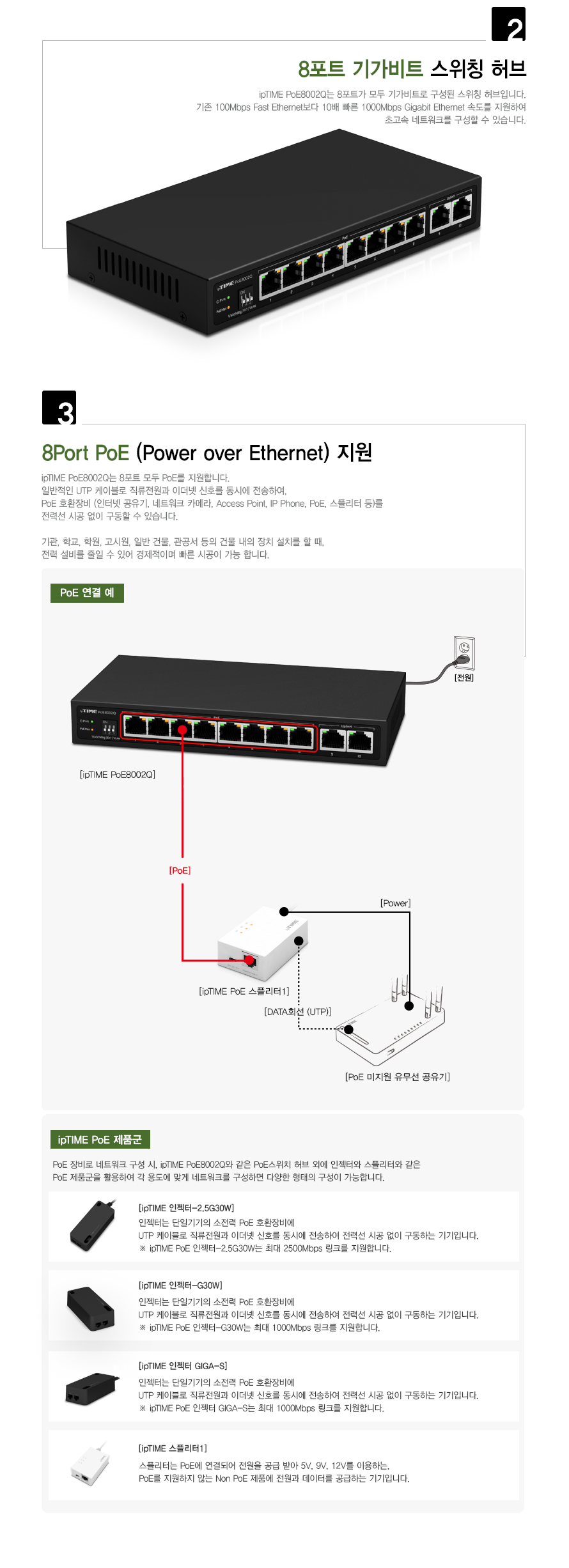 POE8002Q 주요 특징 요약: 기가비트 속도, 8포트 PoE+, 2포트 업링크 설명 이미지