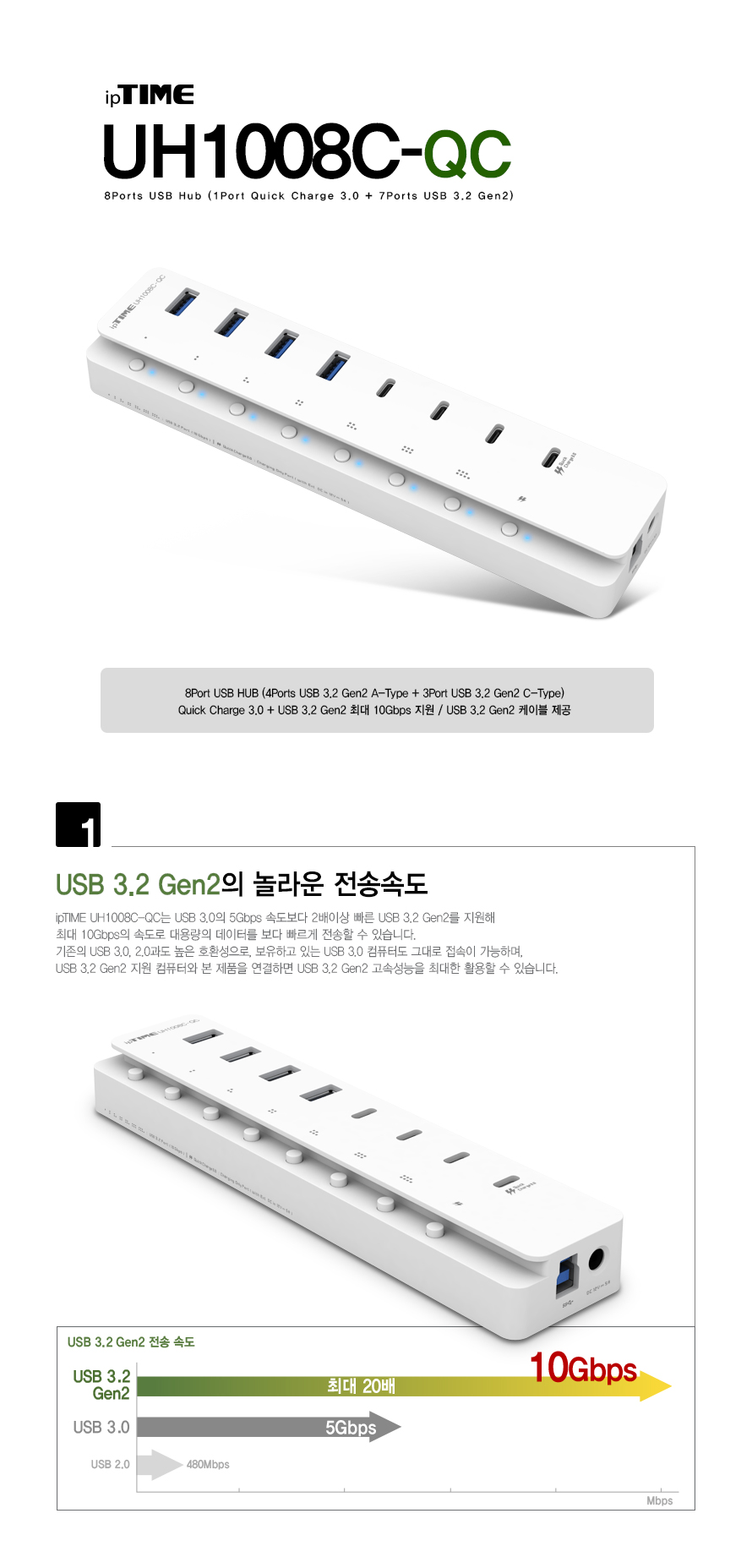 ipTIME UH1008C-QC 8포트 USB 허브 제품 전체 이미지