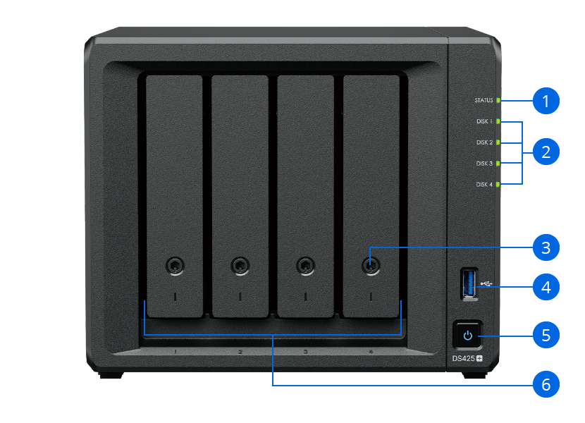 DS425+ 전면 하드웨어 개요