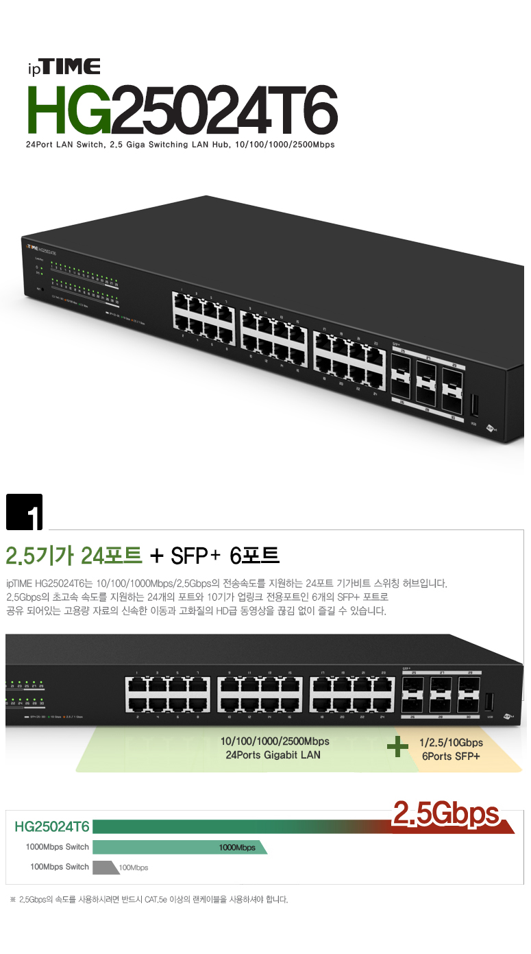 아이피타임 24포트 2.5GbE 스위칭 허브 HG25024T6 제품 이미지