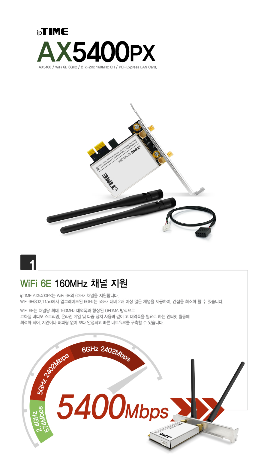 아이피타임 AX5400PX Wi-Fi 6E 지원 PCIe 랜카드 전면 제품 이미지