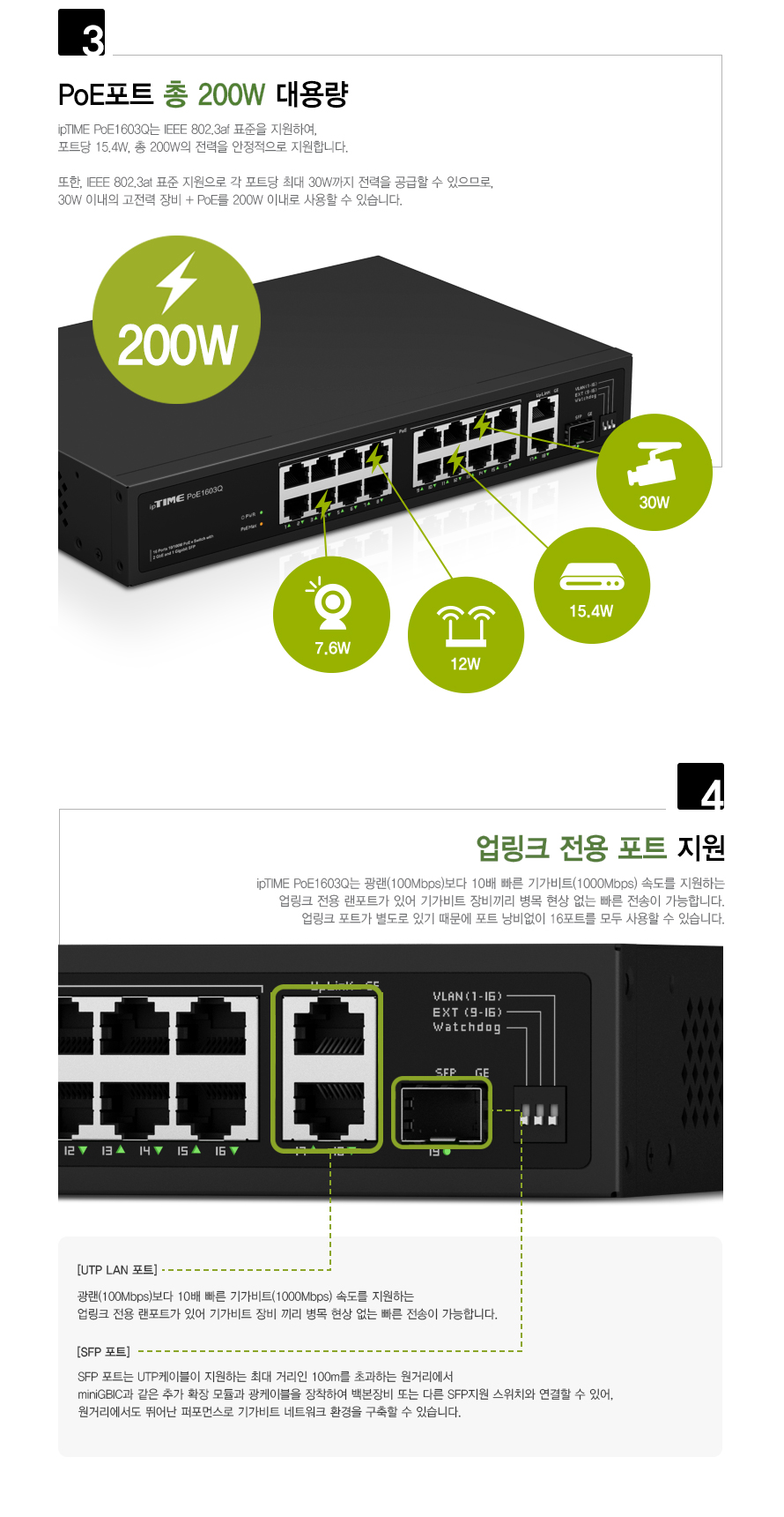 16포트 PoE+ 및 2포트 업링크 포트 구성 설명 이미지