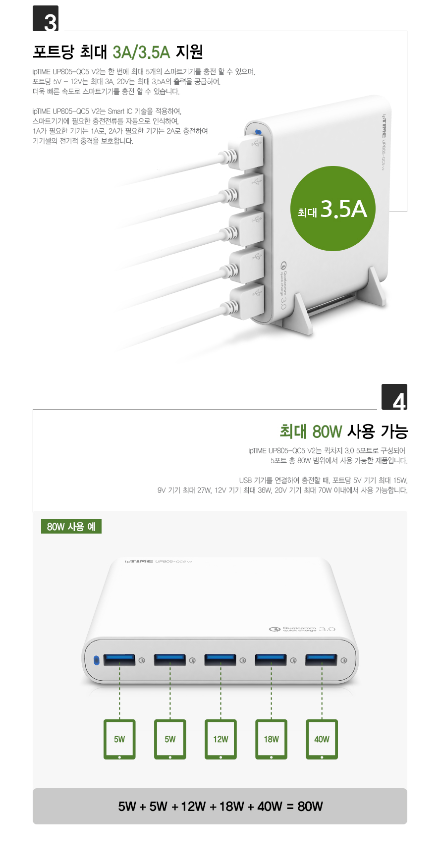 아이피타임 QC 3.0 5포트 USB 충전기 UP805-QC5 V2 제품 특징 설명