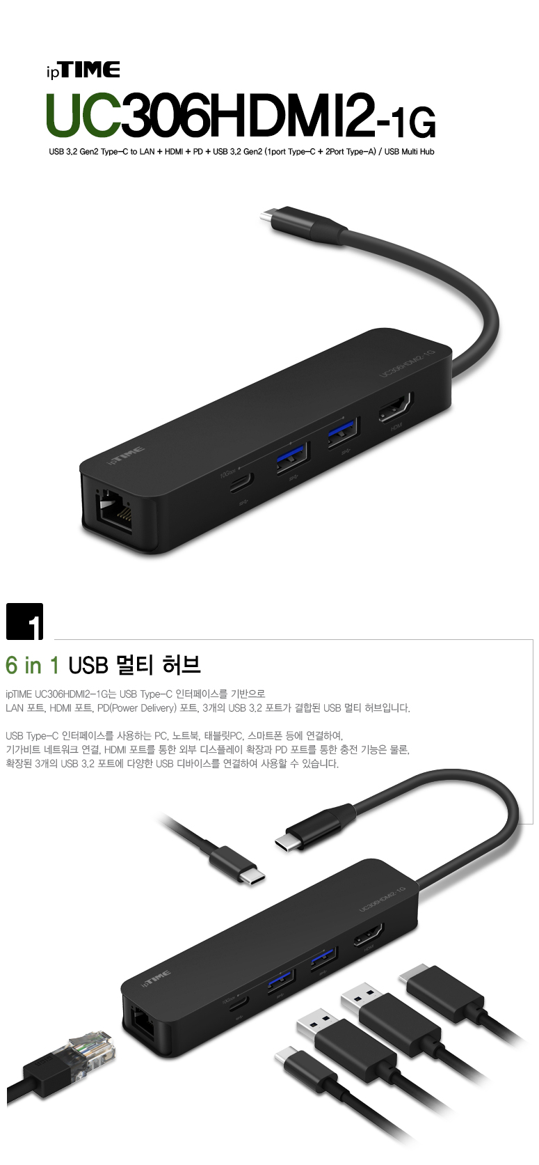 ipTIME C타입 USB 멀티 허브 UC306HDMI2-1G 제품 이미지