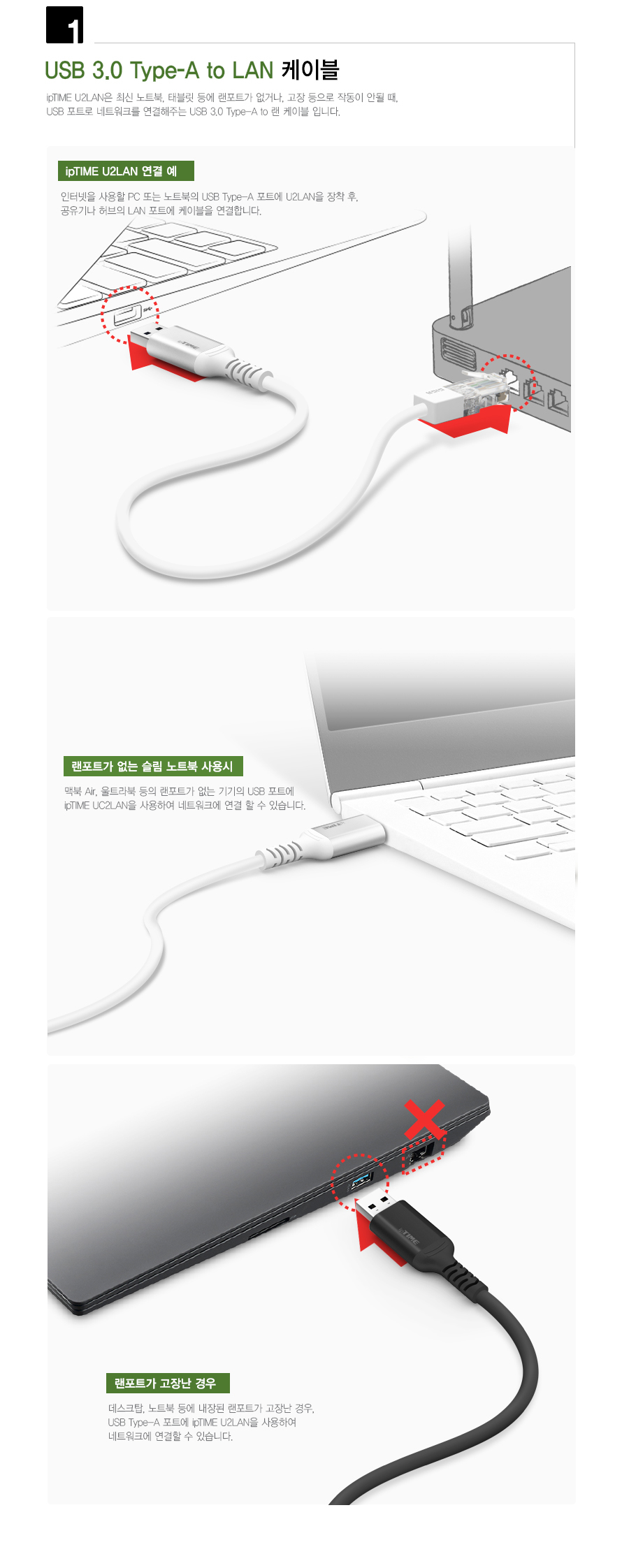 U2LAN USB 3.0 to LAN 어댑터 본체와 커넥터 이미지