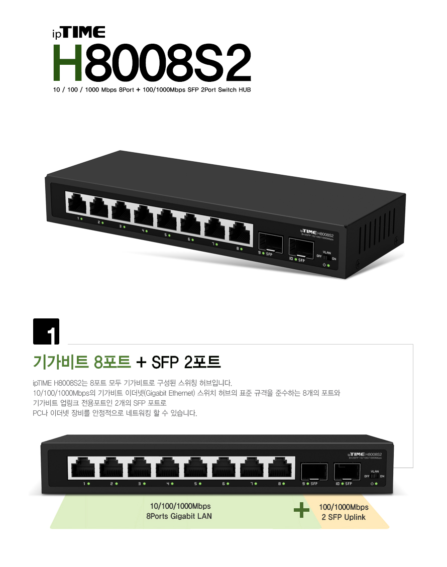 ipTIME H8008S2 기가비트 8포트 SFP 2포트 콤보 스위칭 허브 제품 본체 이미지