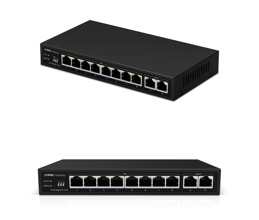 ipTIME POE8002Q 제품 구성품 전체 이미지 (전원 어댑터, 브래킷 포함)