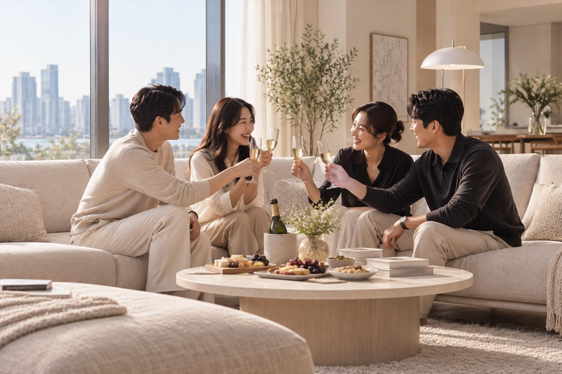 거실에서 샴페인과 대화를 나누는 두 부부