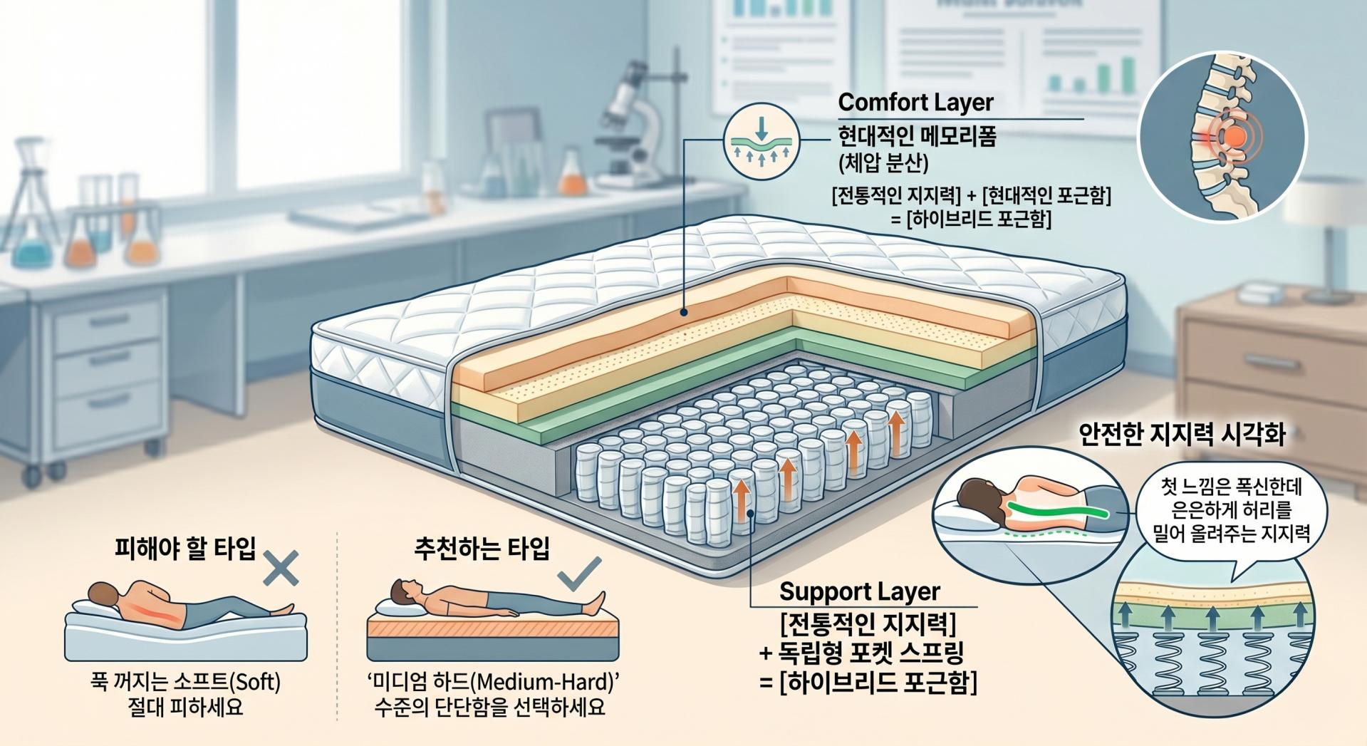 허리 디스크 환자를 위한 미디엄 하드 매트리스의 척추 아치 지지력과 체압 분산