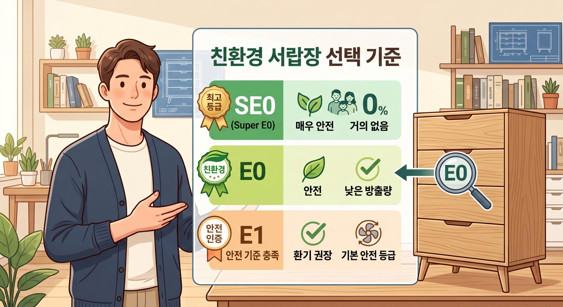 SE0, E0, E1 포름알데히드 방출량에 따른 친환경 가구 목재 등급 기준표 안내