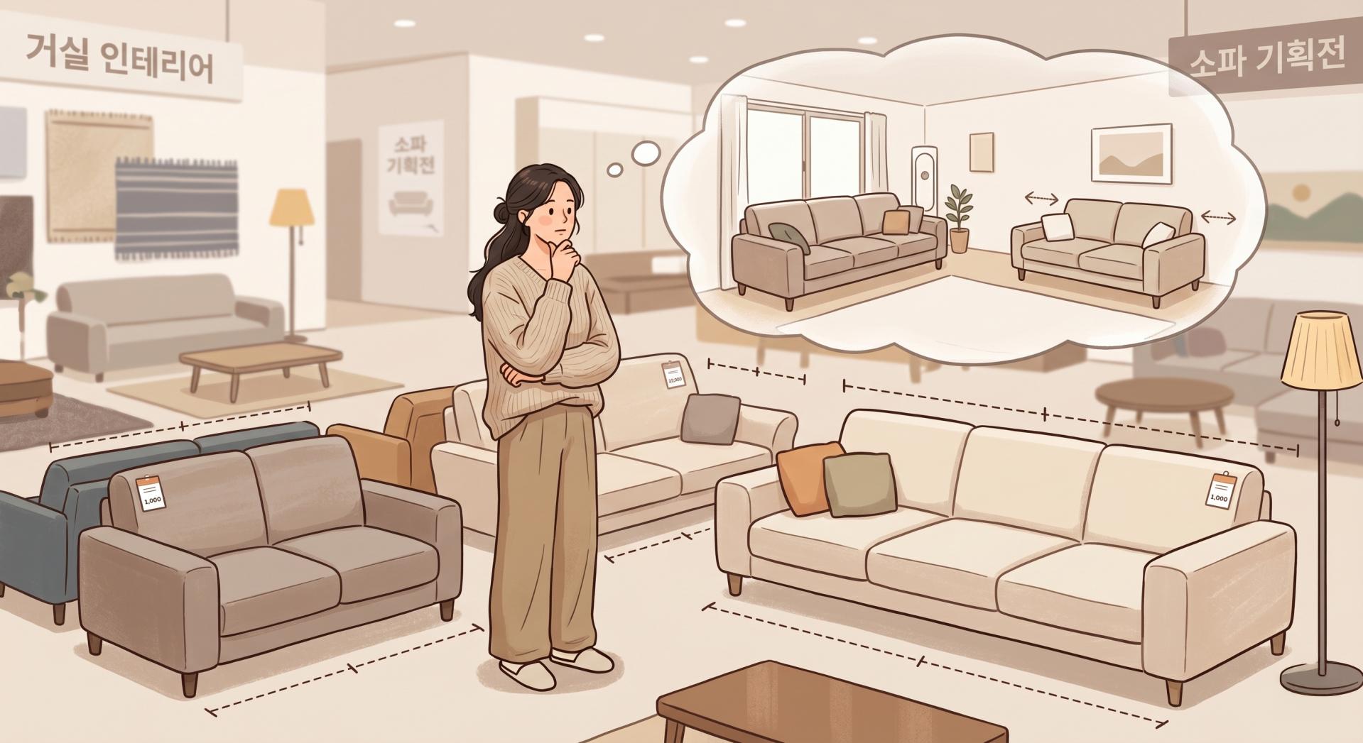 "24평 거실에 4인용 소파 크기가 적당할까?" 아파트 평수별 소파 사이즈 선택을 고민하는 소비자를 위한 세컨드컨테이너의 인간공학 배치 가이드. 건축 표준 규격에 따른 거실 통로 최소 치수 및 24평·34평 거실 벽면 대비 소파 황금 비율 계산 법칙을 보여주는 소파 고르는 이미지.