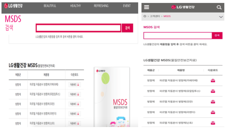 현재 LG생활건강은 고객센터 홈페이지에 ‘MSDS(물질안전보건자료)’ 페이지 (http://www.lgcare.com/customer/msds.jsp)를 통해 제품의 성분 및 안전성을 제공하고 있다.