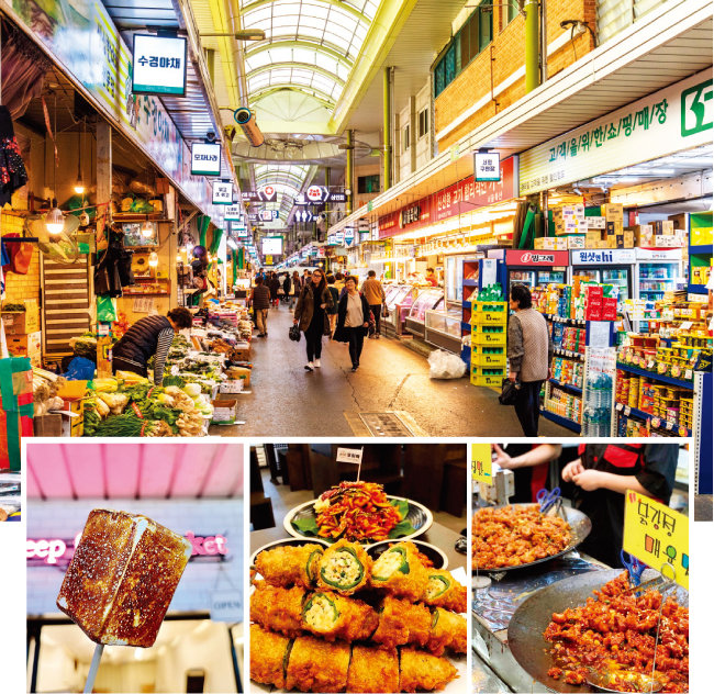 서울 망원시장에서 파는 다양한 먹거리들.