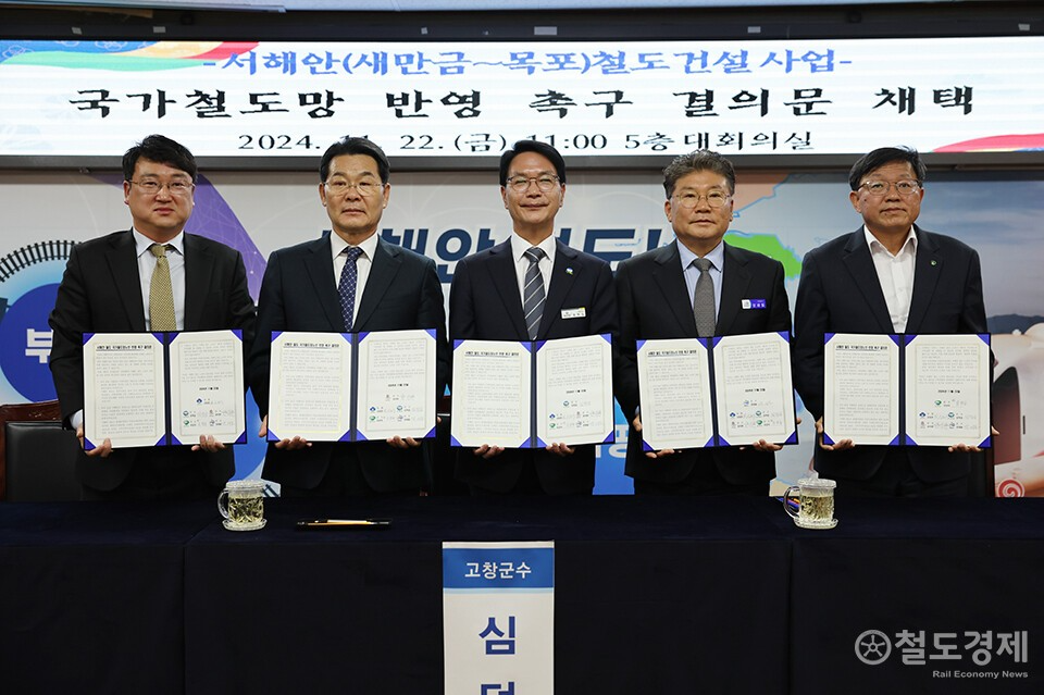 지난해 12월 서해안 철도 국가 철도망 반영 촉구 기자회견에서 (왼쪽부터) 신원식 군산시부시장, 권익현 부안군수, 심덕섭 고창군수, 장세일영광군수, 임만규 함평군부군수가 기념사진을 찍고 있다. / 사진=고창군  