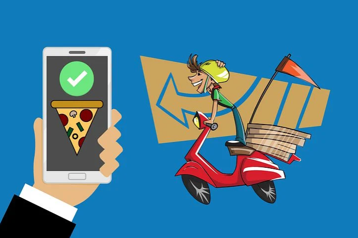 Illustration of someone ordering food on a smartphone through a food delivery app while studying abroad, with a delivery worker bringing the order