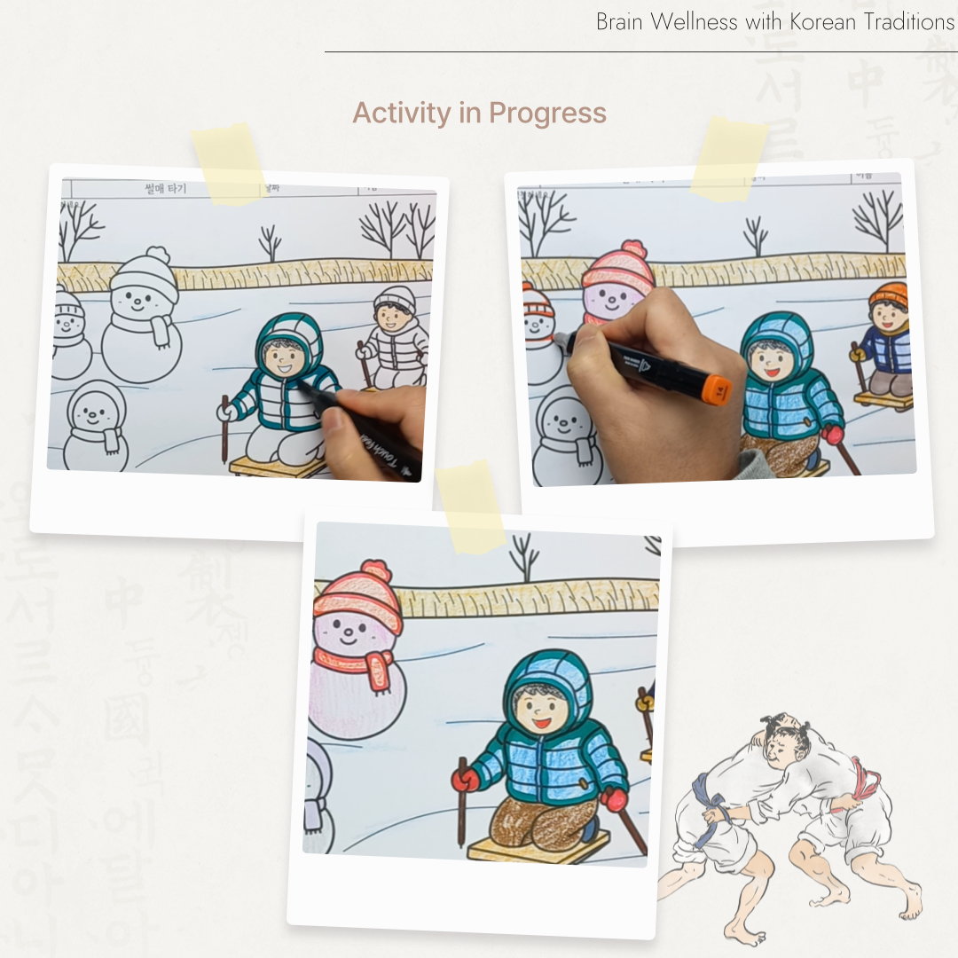 겨울 얼음 위에서 두 아이가 썰매를 타고 있고, 주변에 다양한 눈사람이 놓여 있는 색칠하기·오려붙이기 활동지 그림