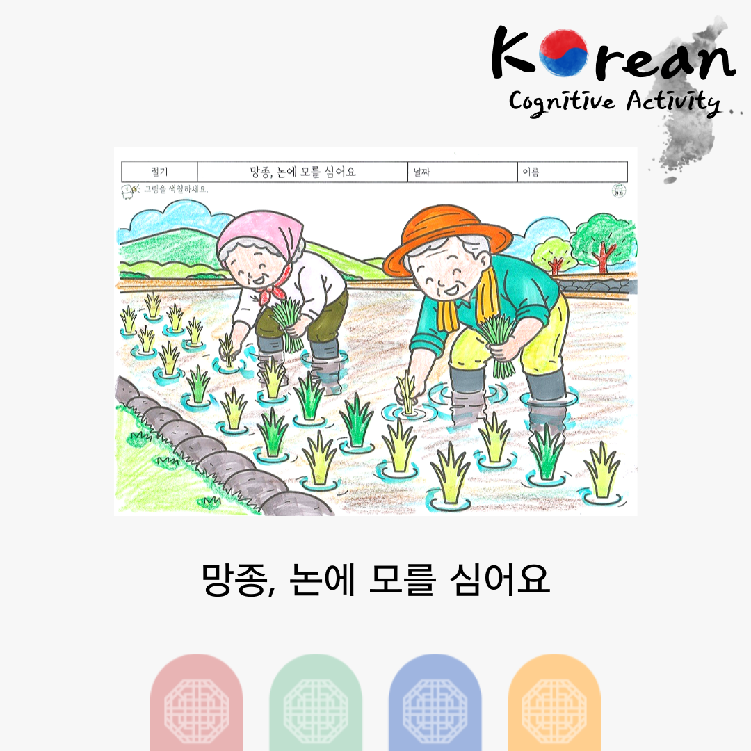 논에서 모를 심는 어르신 모습의 망종 절기 색칠 인지활동지
