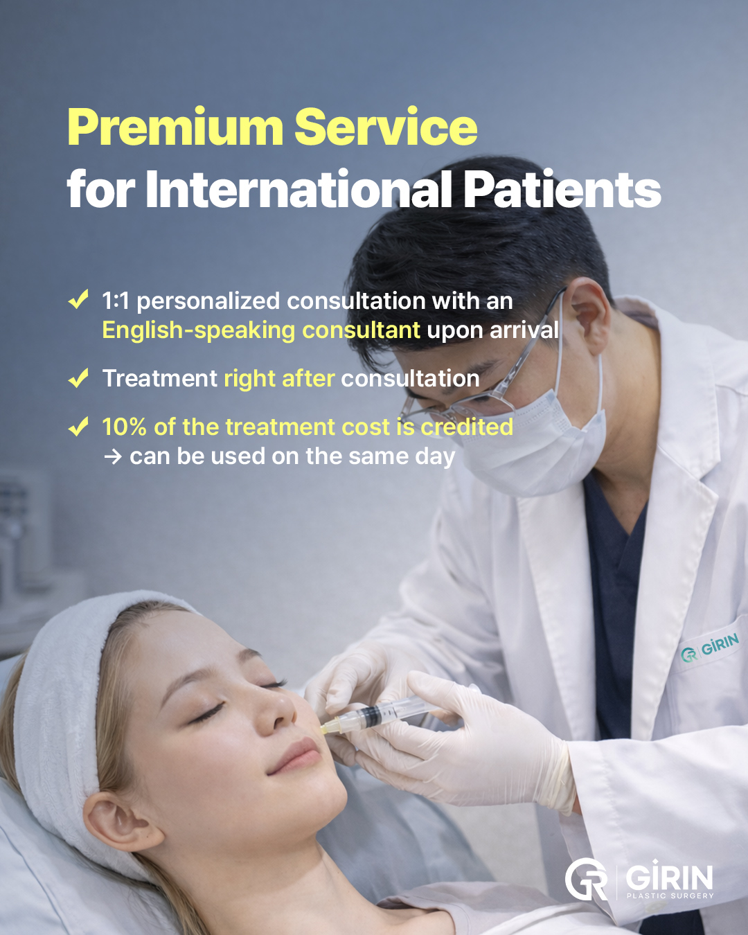 Close-up of a premium skin booster or dermatology treatment at GIRIN Clinic, highlighting no-downtime results for short-trip travelers.