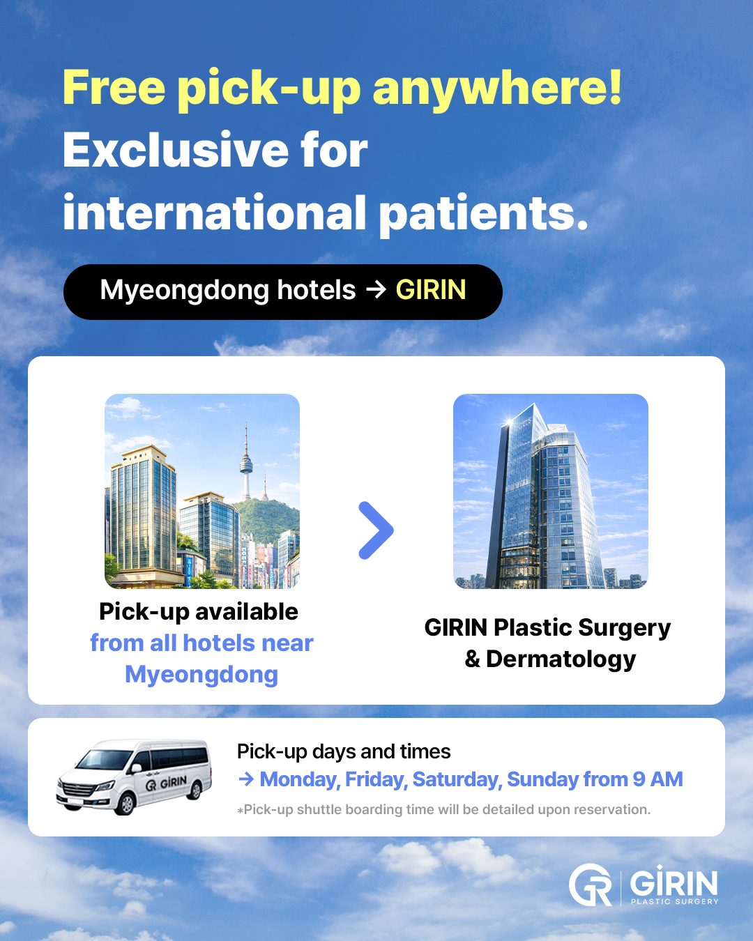 GIRIN Clinic Sunday airport shuttle service for international tourists traveling from Gangnam to Incheon or Gimpo Airport after beauty treatments.