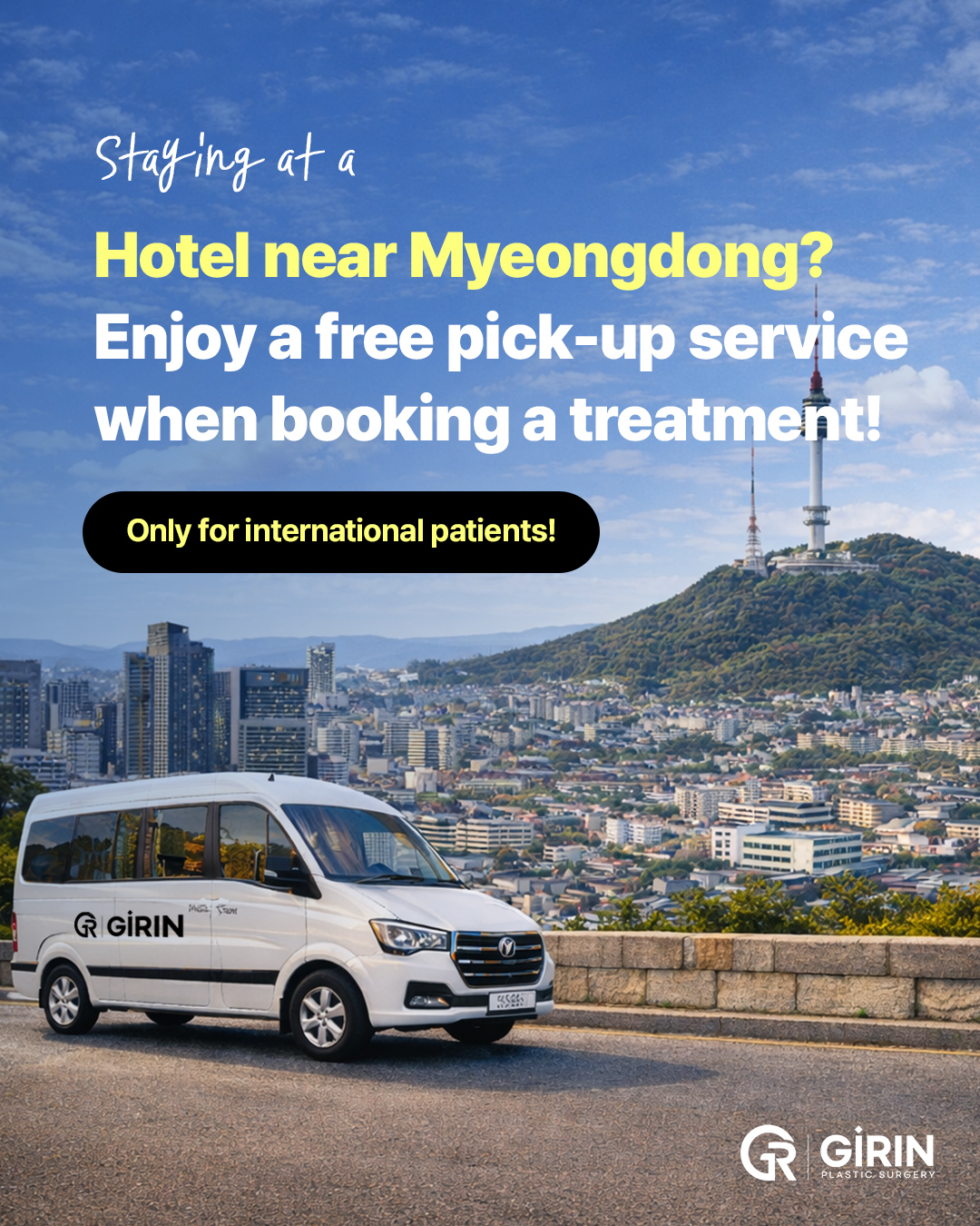 A professional shuttle van providing free hotel pickup service from Myeongdong to GIRIN Plastic Surgery & Dermatology in Gangnam.