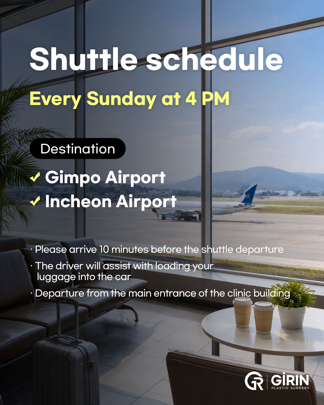 Direct clinic-to-airport shuttle provided for patients on Sundays