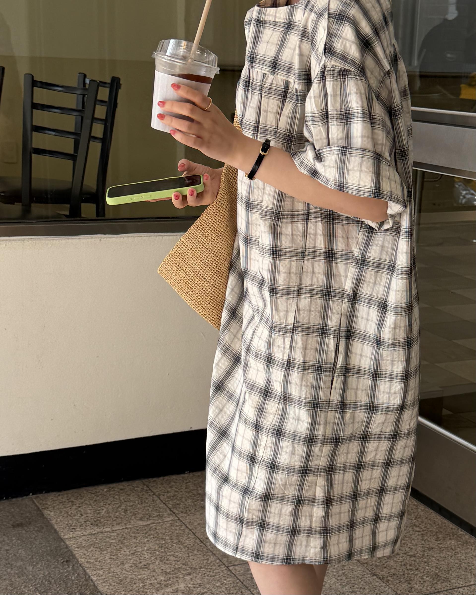 brioche check dress (cream)