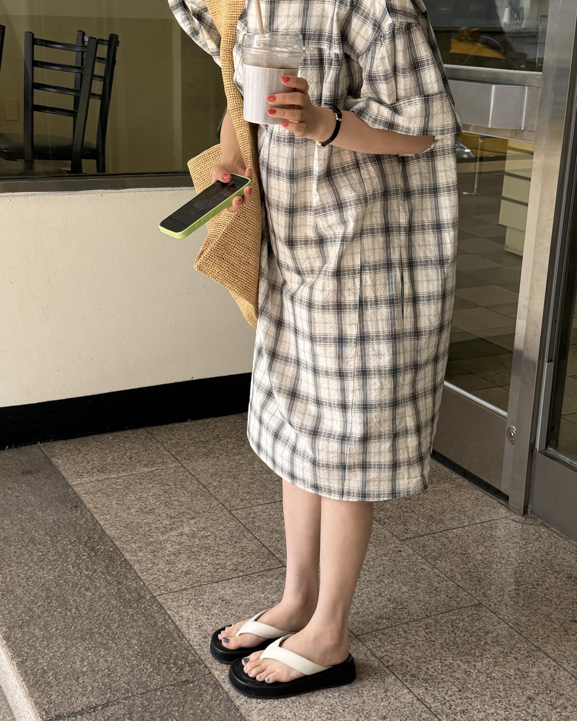 brioche check dress (cream)
