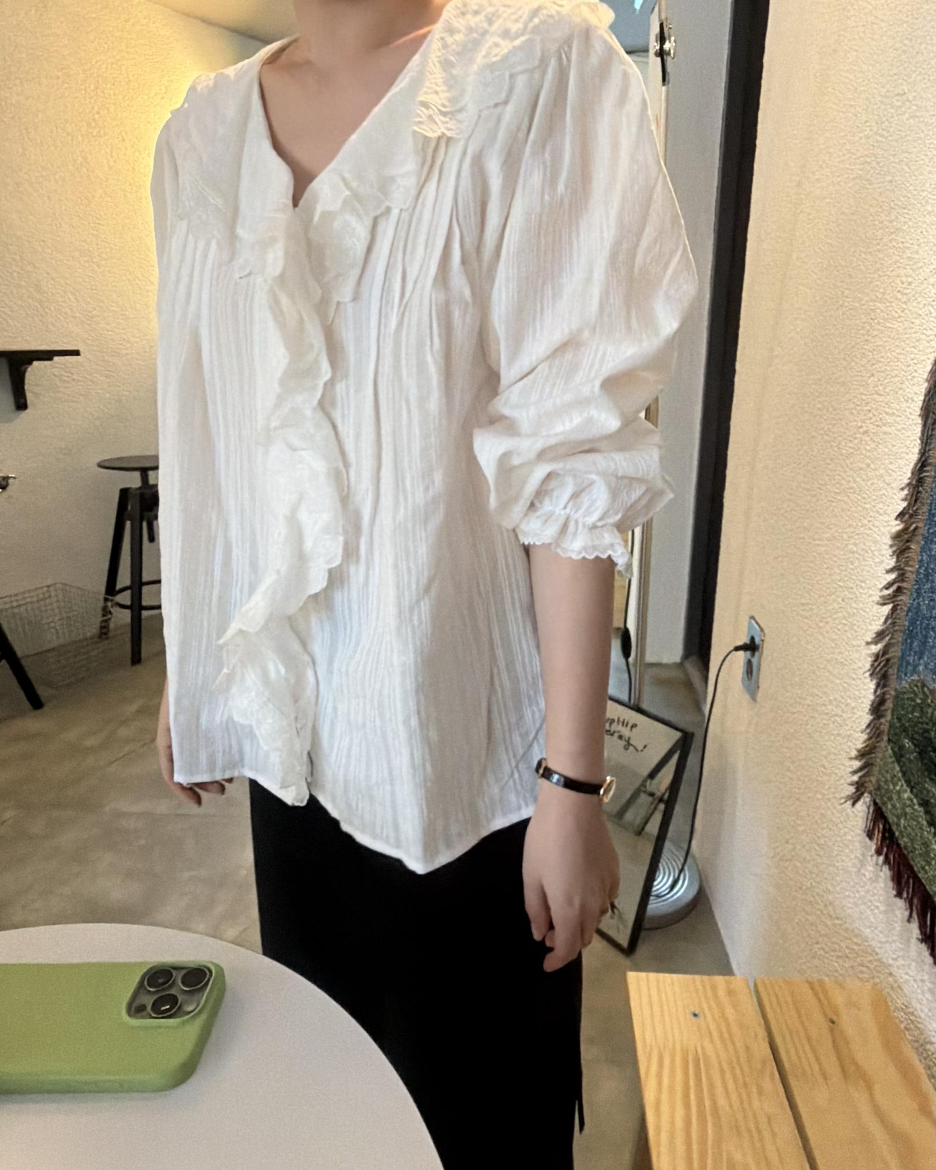 cottage ruffle lace blouse (white/check)