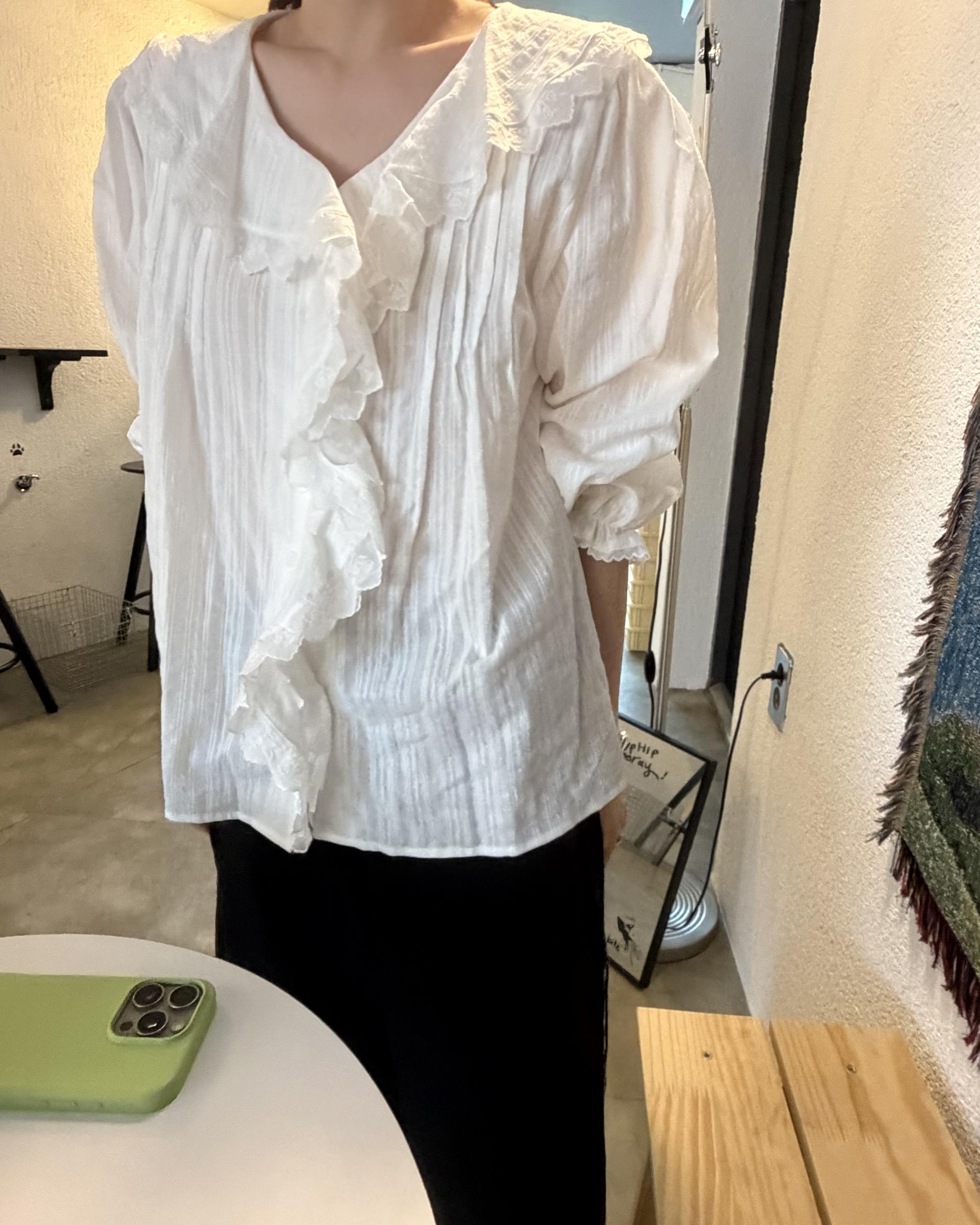 cottage ruffle lace blouse (white/check)