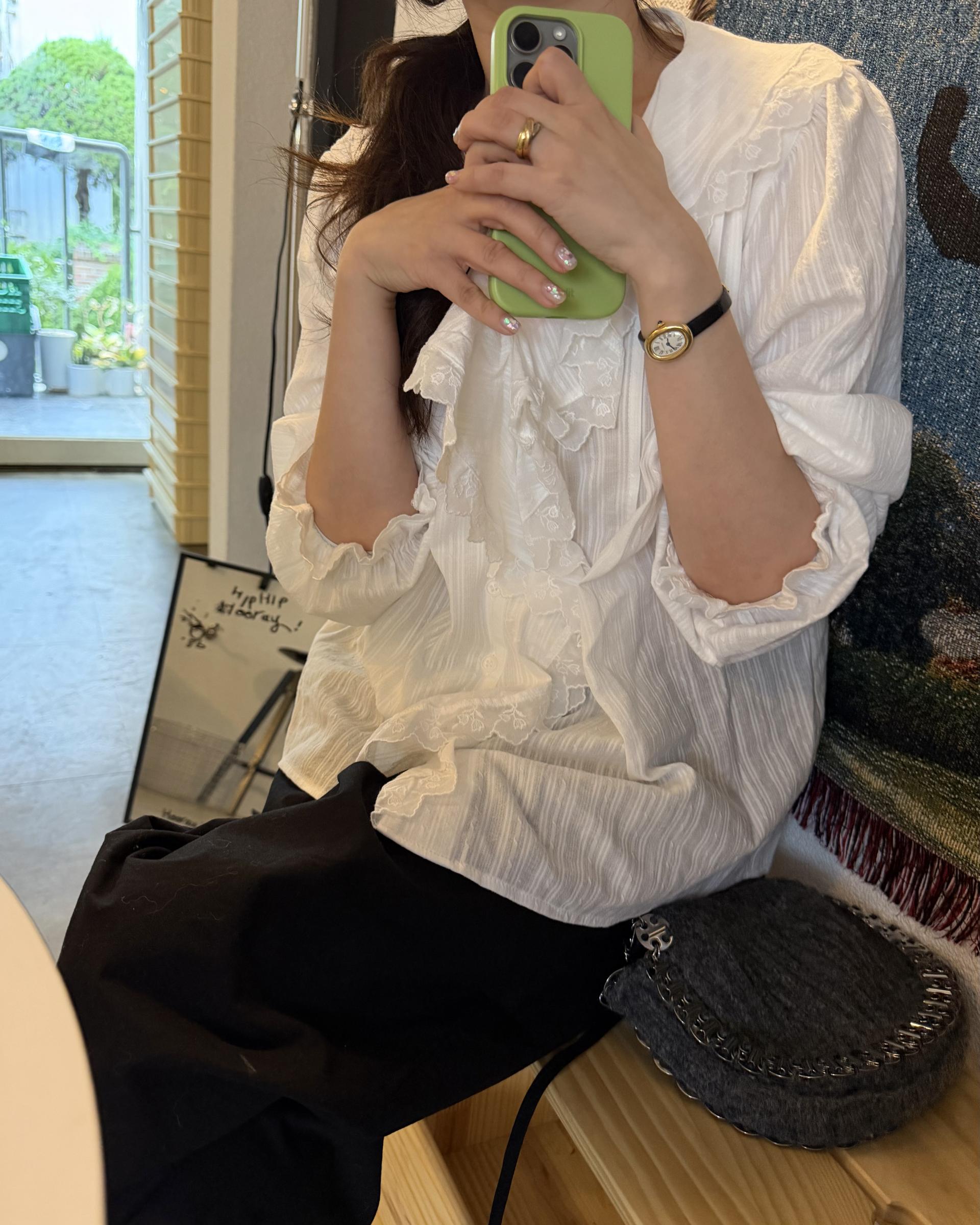 cottage ruffle lace blouse (white/check)