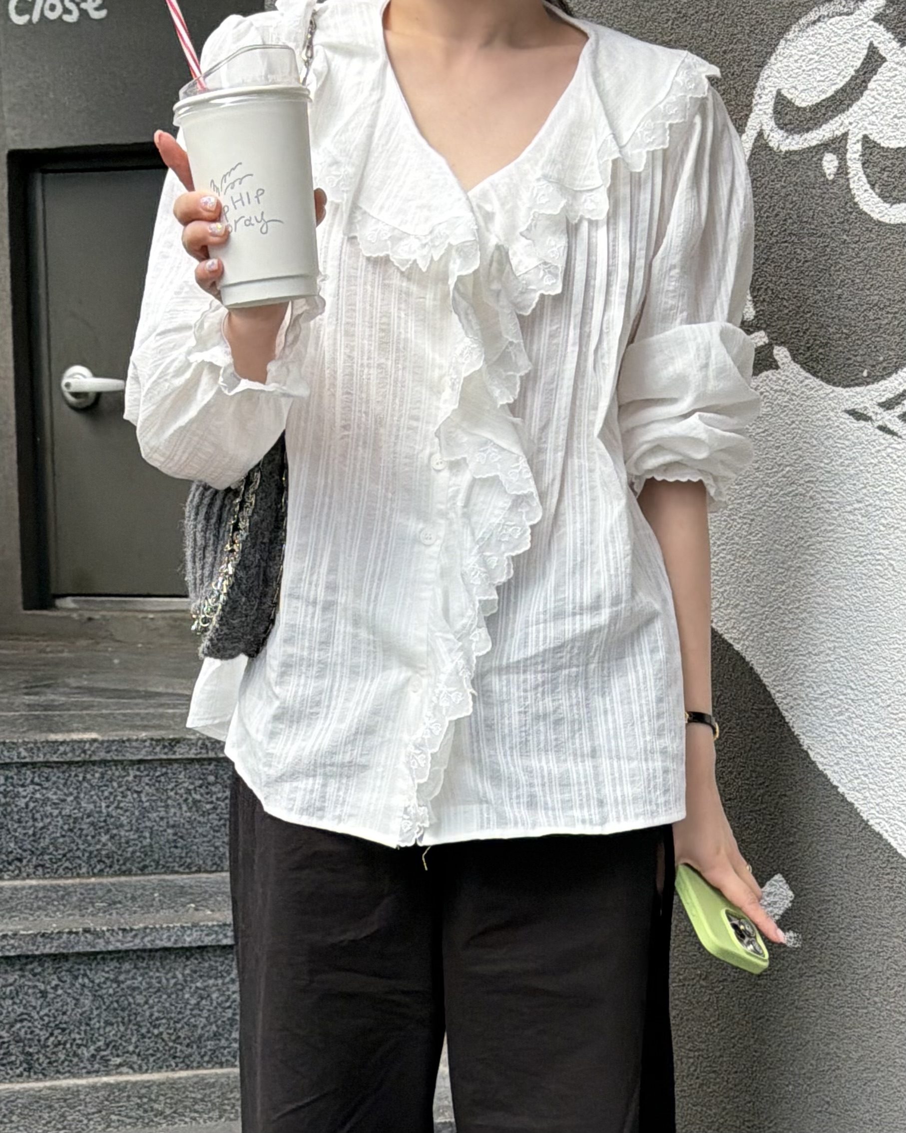 cottage ruffle lace blouse (white/check)