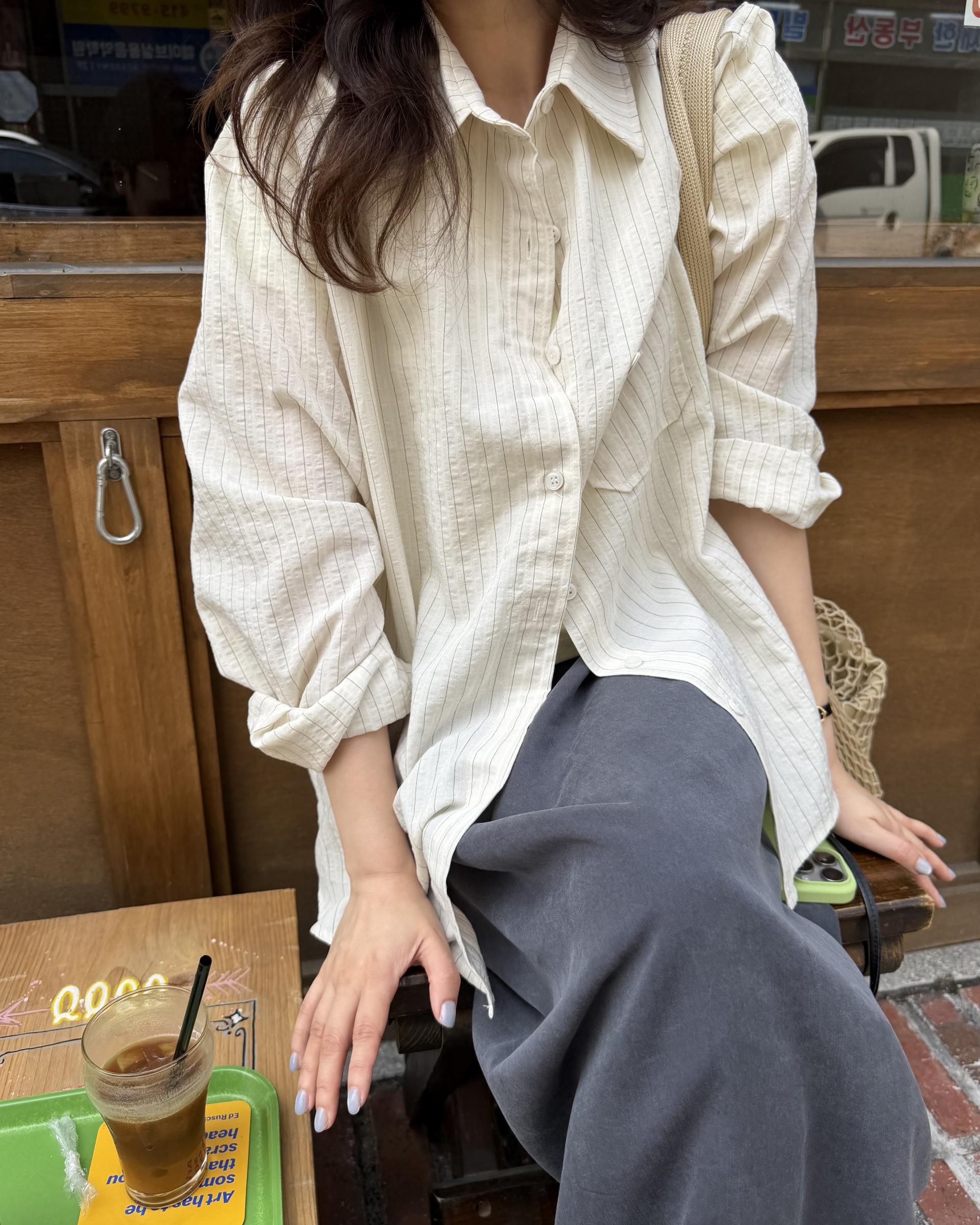 tacit stripe shirt (beige/blue)