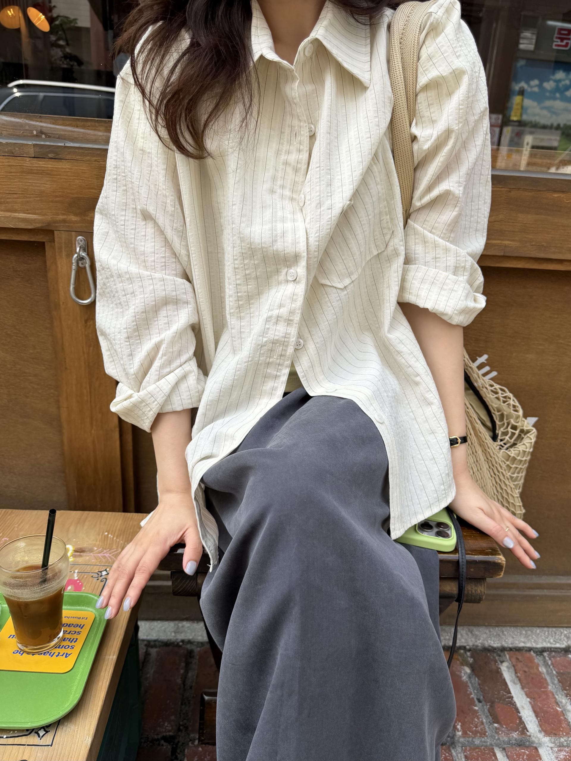 tacit stripe shirt (beige/blue)