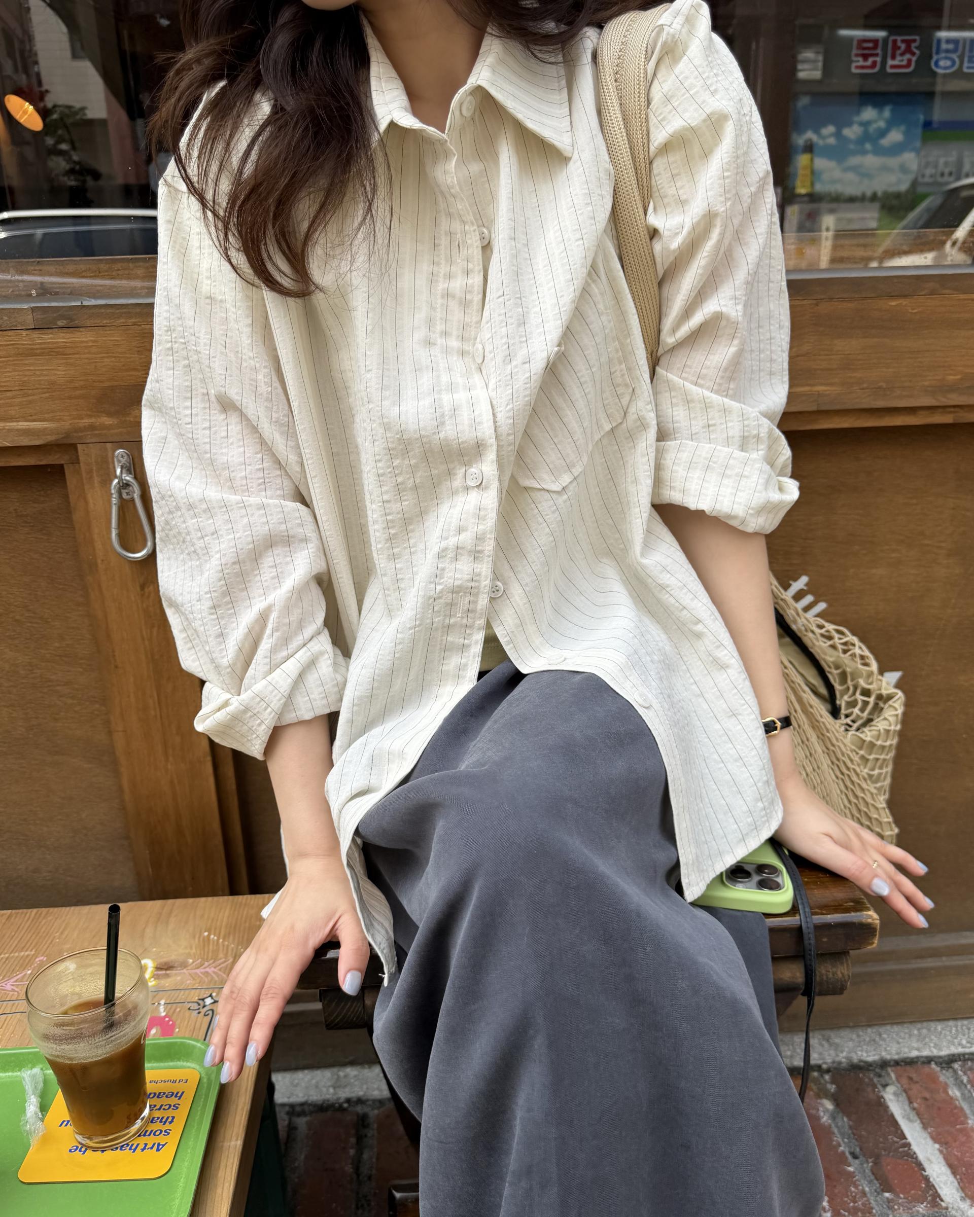 tacit stripe shirt (beige/blue)